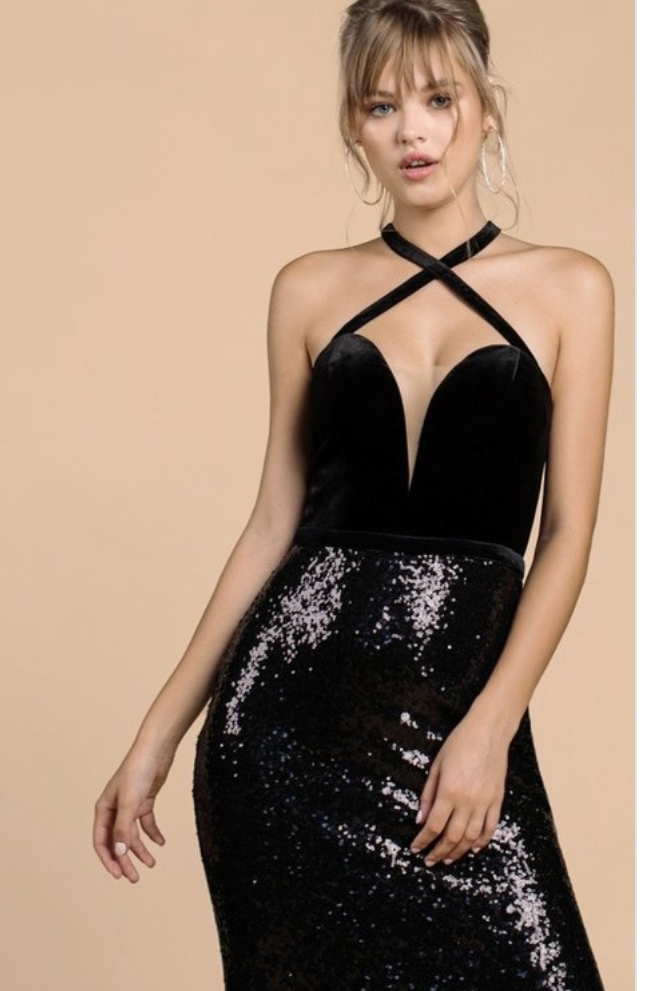 Black velvet and sequin halter gown – 1029 Kouture Boutique