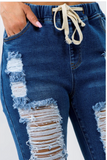 High Rise Distressed Denim Joggers - 1029 Kouture Boutique