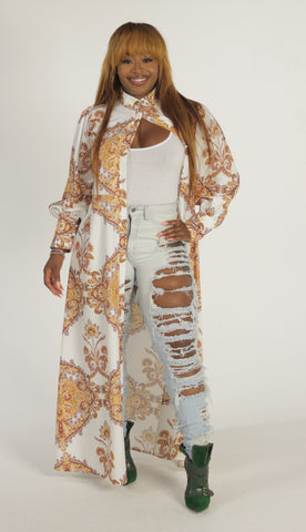 Printed Shirt Gold Top Dress Jacket (With Belt) - 1029 Kouture Boutique